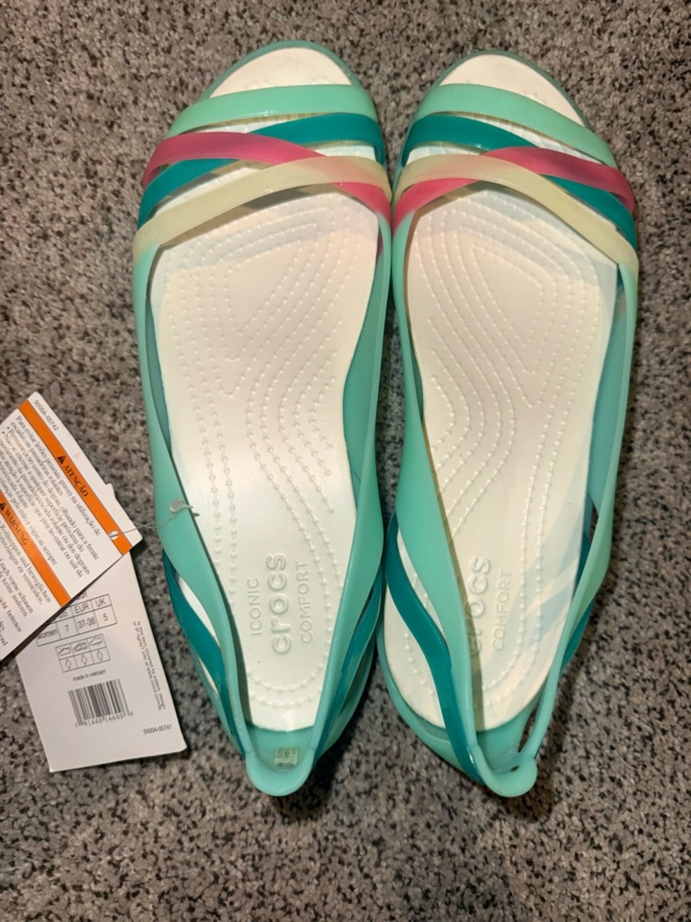 NWT CROCS Teal Aqua Slip-On Flats with Multi Colored Straps sz 7
